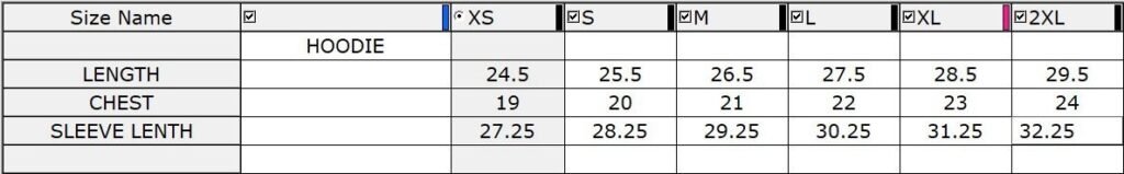 Hoodie Sizes Chart