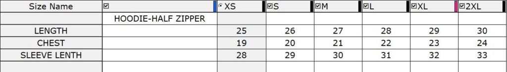 Quarter Zip Sizes Chart