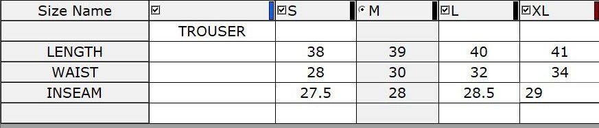 Trouser Sizes Chart